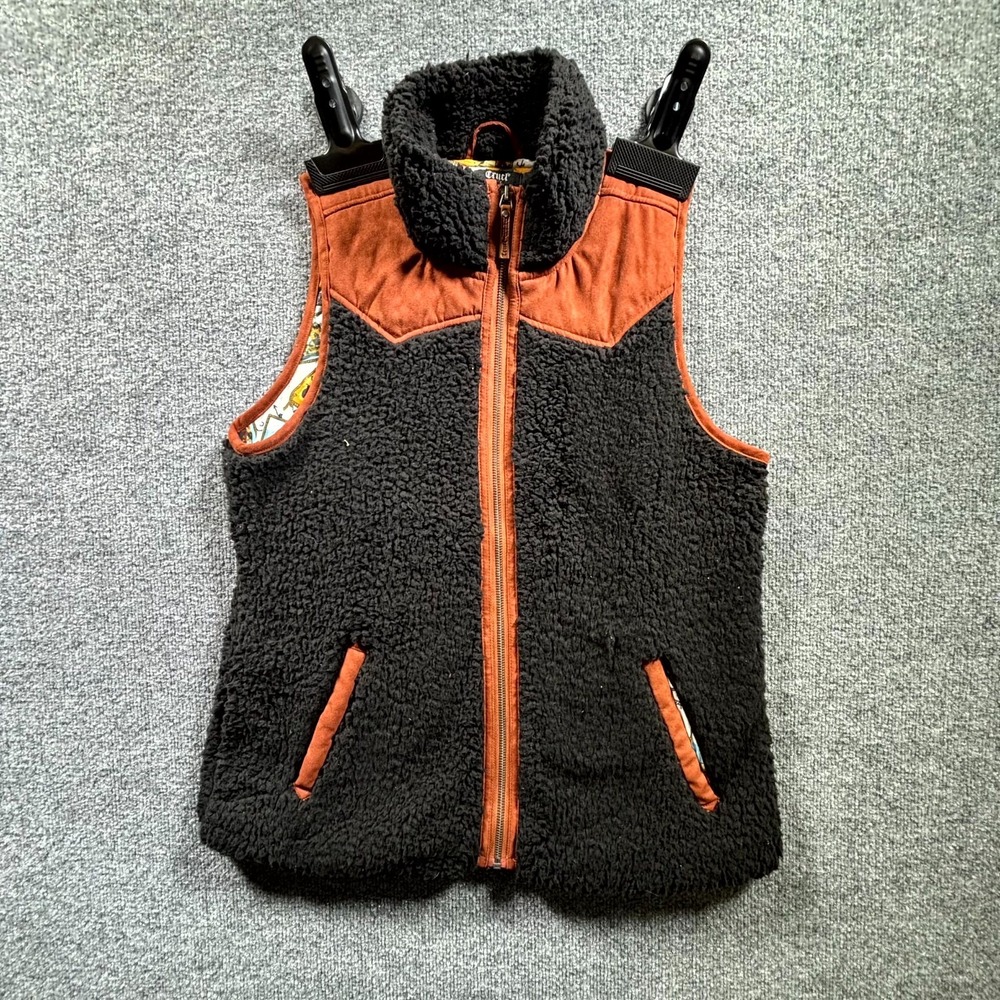 Cruel Denim Vest Women's Large Black Orange Sherpa Fleece Western Print Full Zip